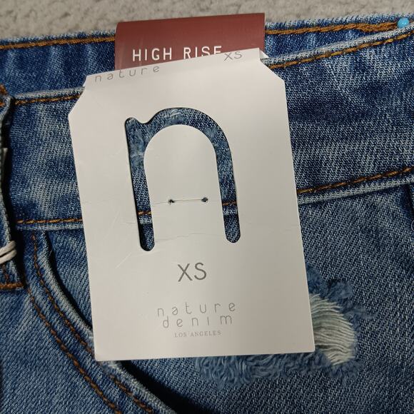 Nature Denim Los Angeles High Rise Distressed Shorts Size XS Button Fly Blue NWT - Picture 4 of 7